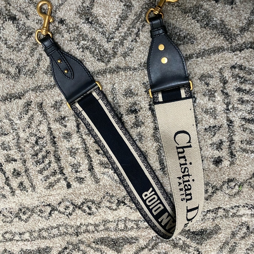 Dior Beige and Black 'Christian Dior' Canvas Bag Strap with Gold Hardware